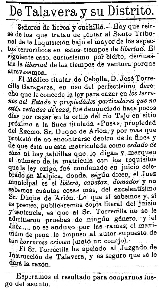 Controvertida denuncia del médico de Cebolla por cazar en Pusa. El porvenir : periódico carlista: Año III Número 103 - 1907 septiembre 18