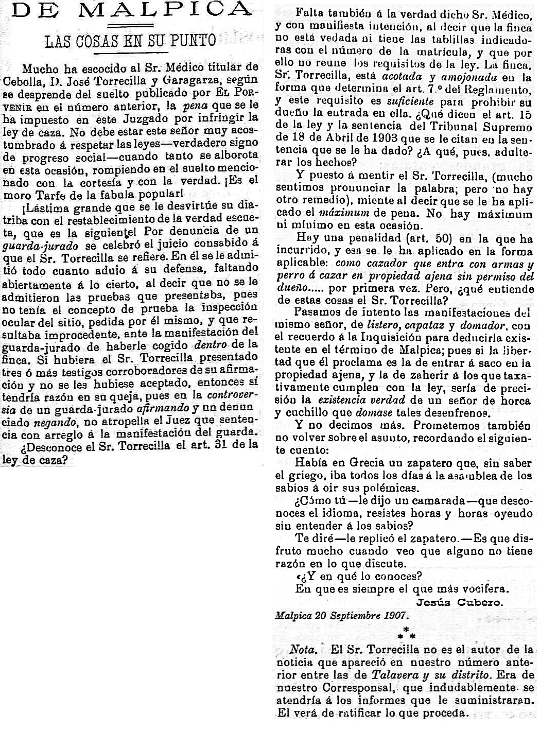 Respuesta desde Malpica a la publicación de la denuncia del médico de Cebolla por cazar en Pusa. El porvenir : periódico carlista: Año III Número 104 - 1907 septiembre 25.