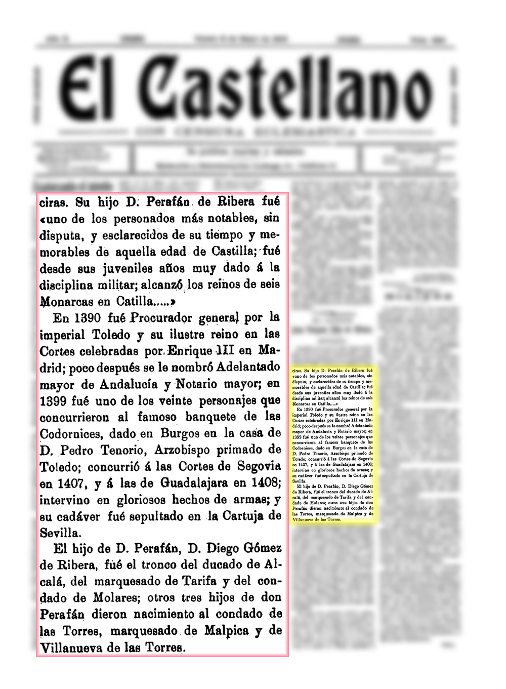 Reseña sobre Per Afan de Ribera. El Castellano. 06/05/1913