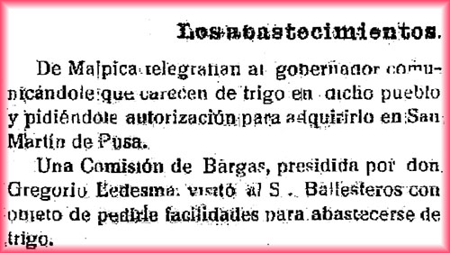 Desabastecimiento de trigo en Malpica de Tajo. el Castellano, 20/5/1918
