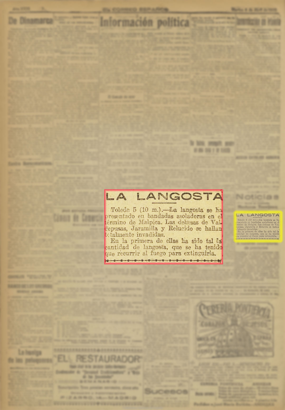 El Correo españo, l6-4-1920. Plaga de langosta en Valdepusa