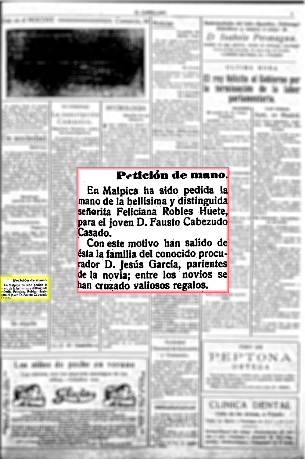 Petición de mano. El Castellano 22/7/1922