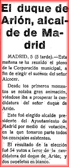 El duque de Arión es elegido alcalde de Madrid. El Castellano, 4/7/1924e