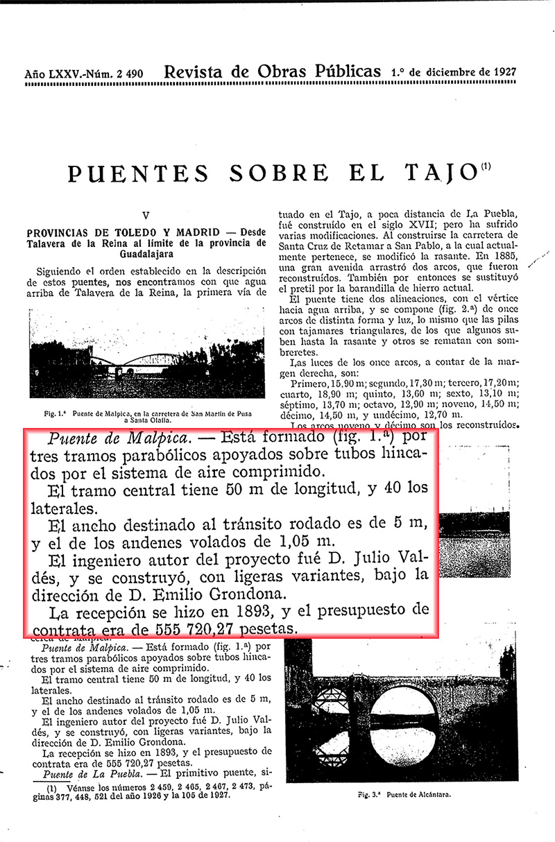 Puentes sobre el Tajo. Revista de Obras Públicas nº 2490 del 01-12-1927