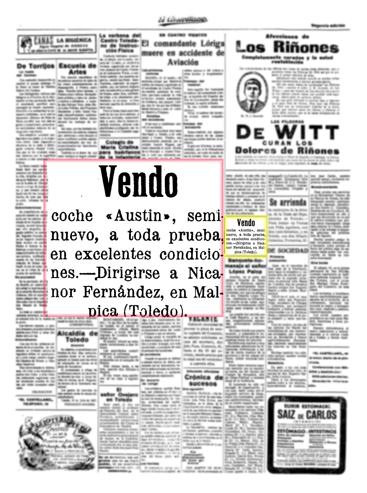 Venta de un Austin seminuevo. El Castellano, 18/07/1927, p 4