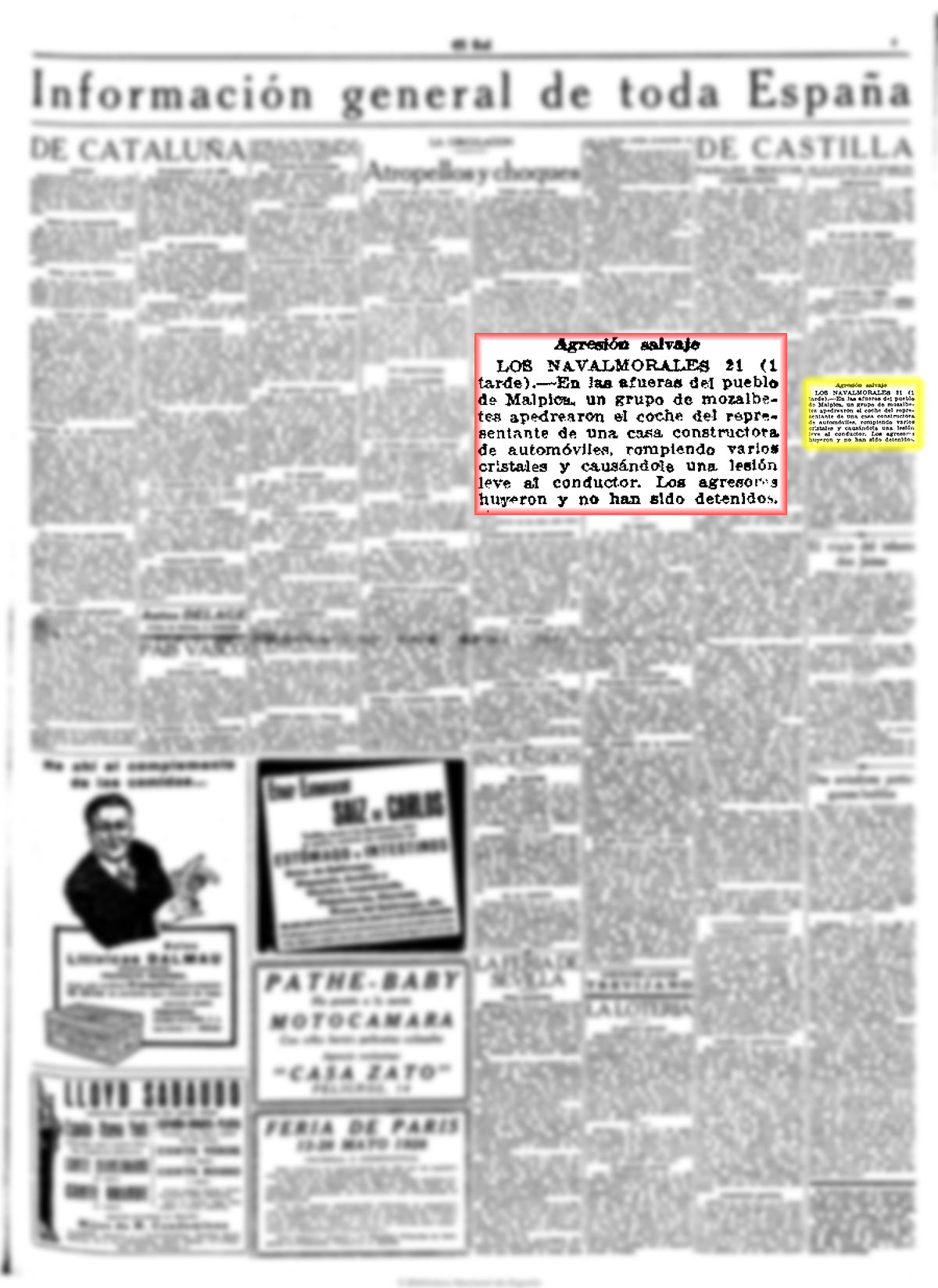 Agresión a un repreentante de un casa de automoviles en las afueras de Malpica. El Sol 22-4-1928