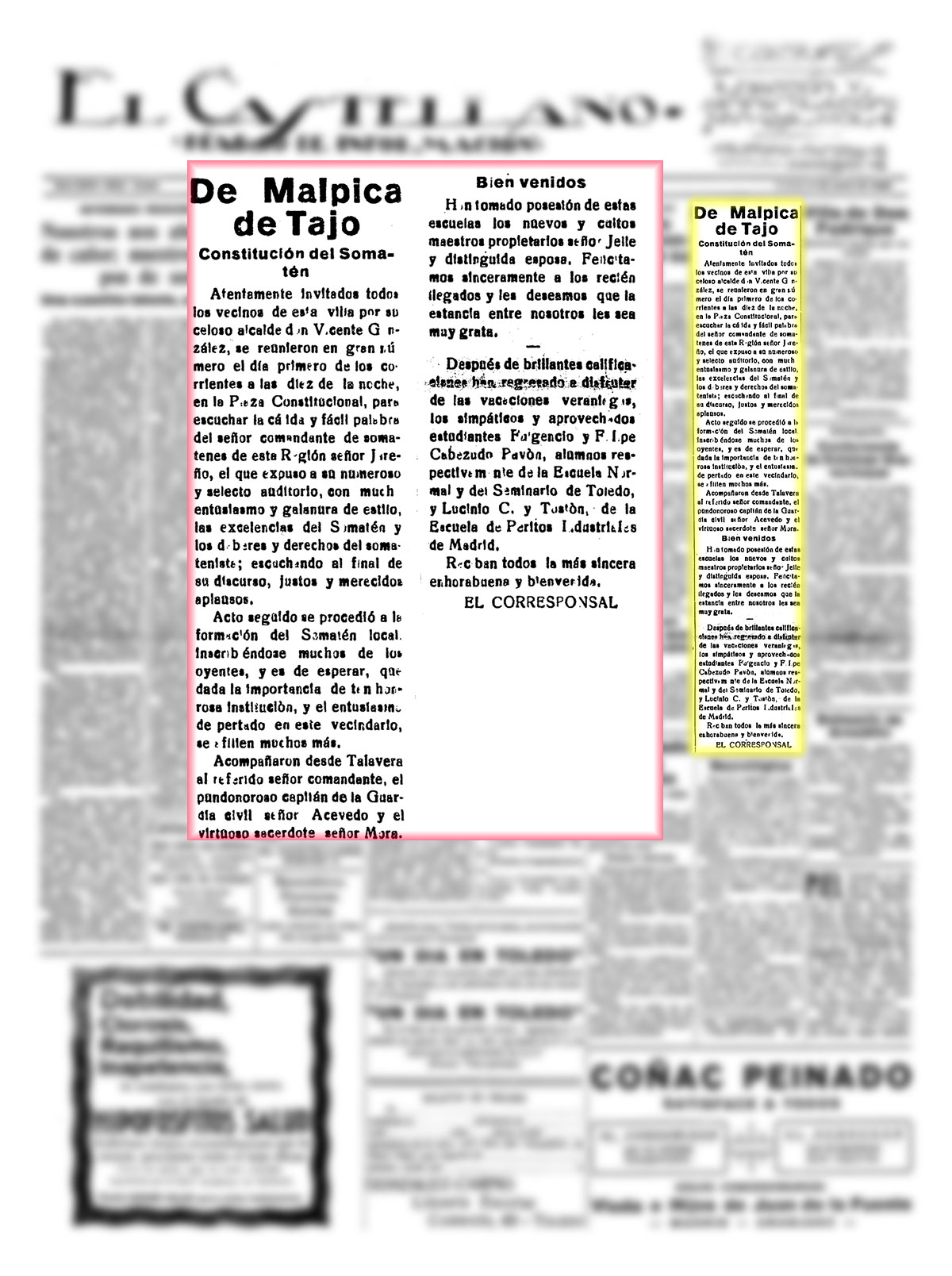 Constitución del somatén en Malpica de Tajo. El Castellano. 5/7/1928, n.º 6.045