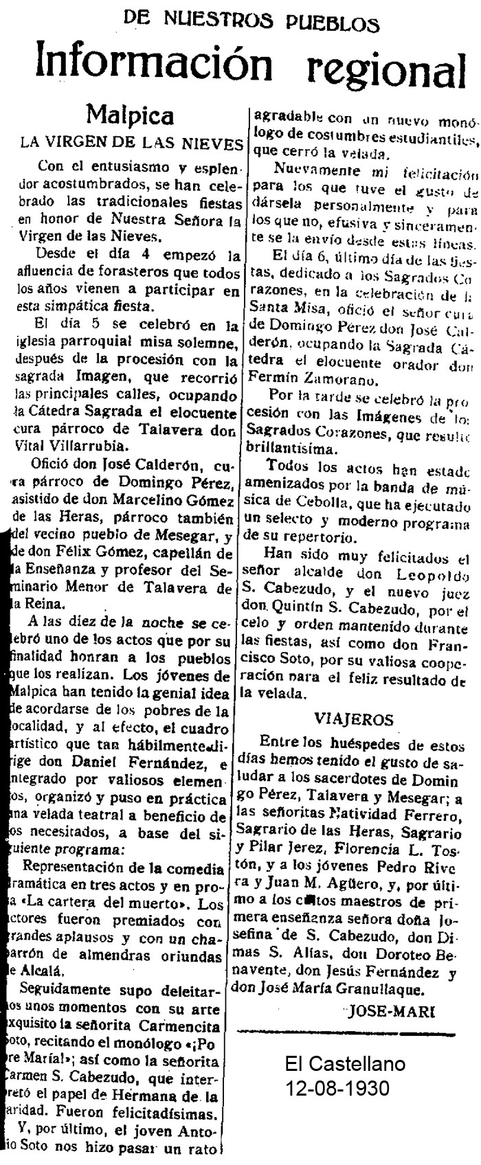 Crónica de la fiesta de la Virgen de las Nieves. El Castellano 12-08-1930