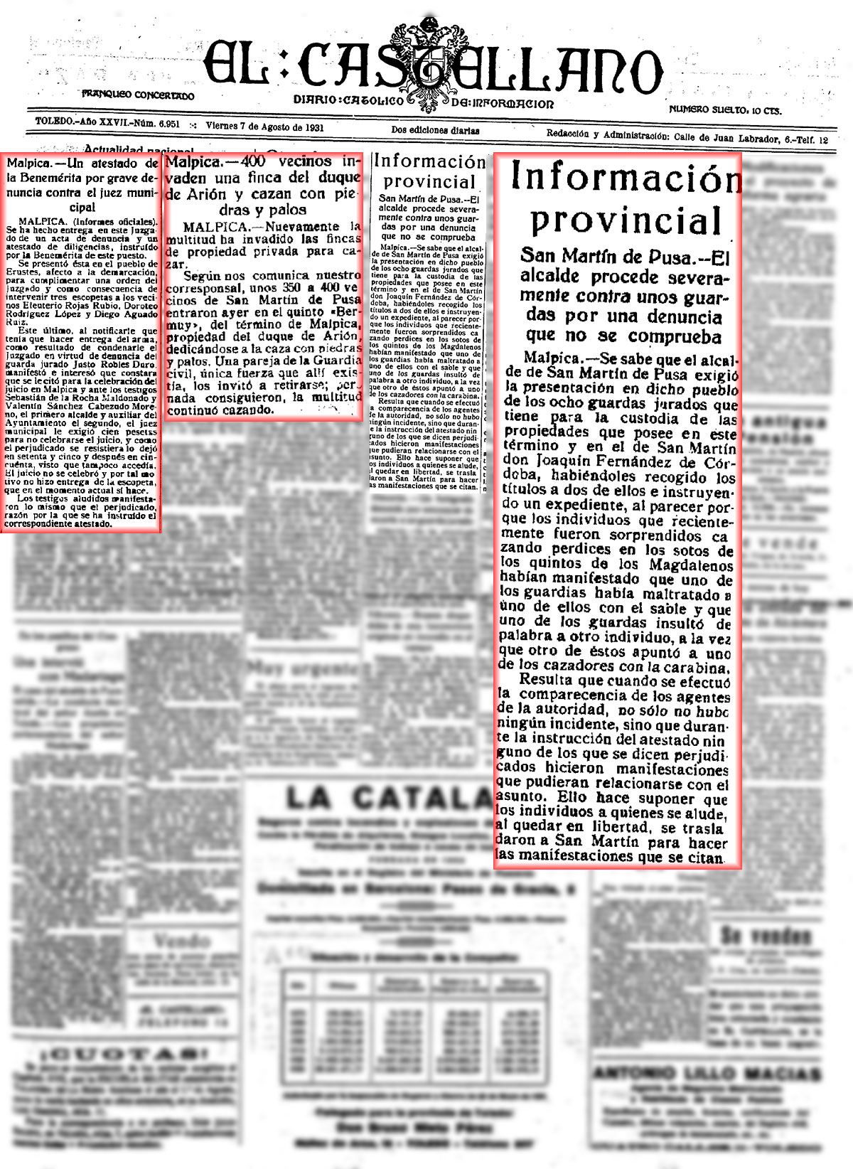 Varias noticias de caza furtiva en Valdepusa. El Castellano (07-08-1931)