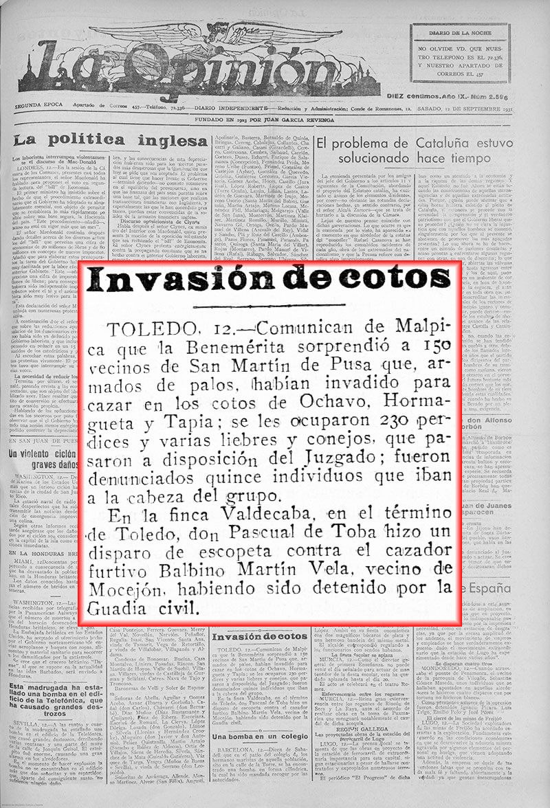 La Opinión 12-09-1931. Invasión de cotos