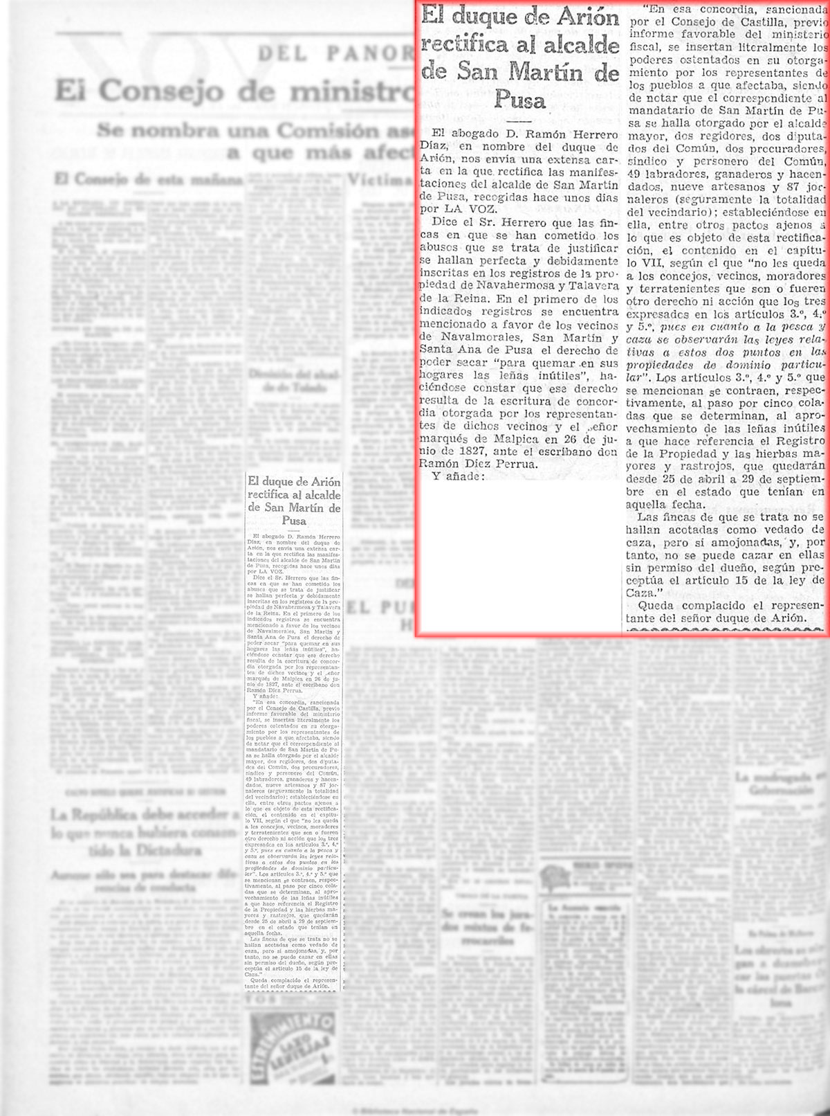El duque de Arión rectifica al alcalde de San Martín de Pusa. La Voz, 22/9/1931