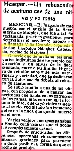 Accidente mortal durante el rebusco de aceituna. El Castellano (14-01-1932)