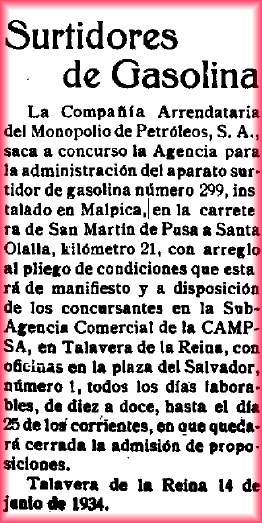 Concurso para el arrendamiento del surtidos de gasolina de Malpica de tajo. El Castellano 16-6-1934