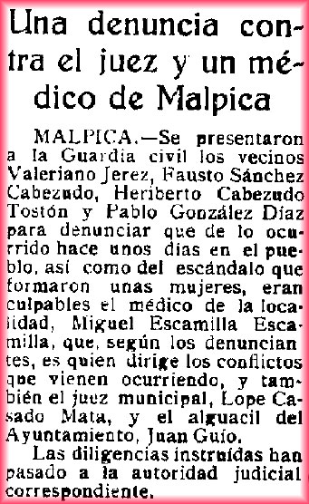 Tres vecinos de Malpica denuncian al médico y al juez de paz. El Castellano 25-6-1934