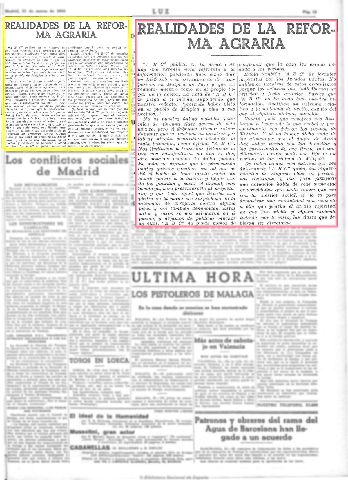 Realidades de la Reforma Agraria. Constectación al ABC. Luz 31-3-1934, pagina 13