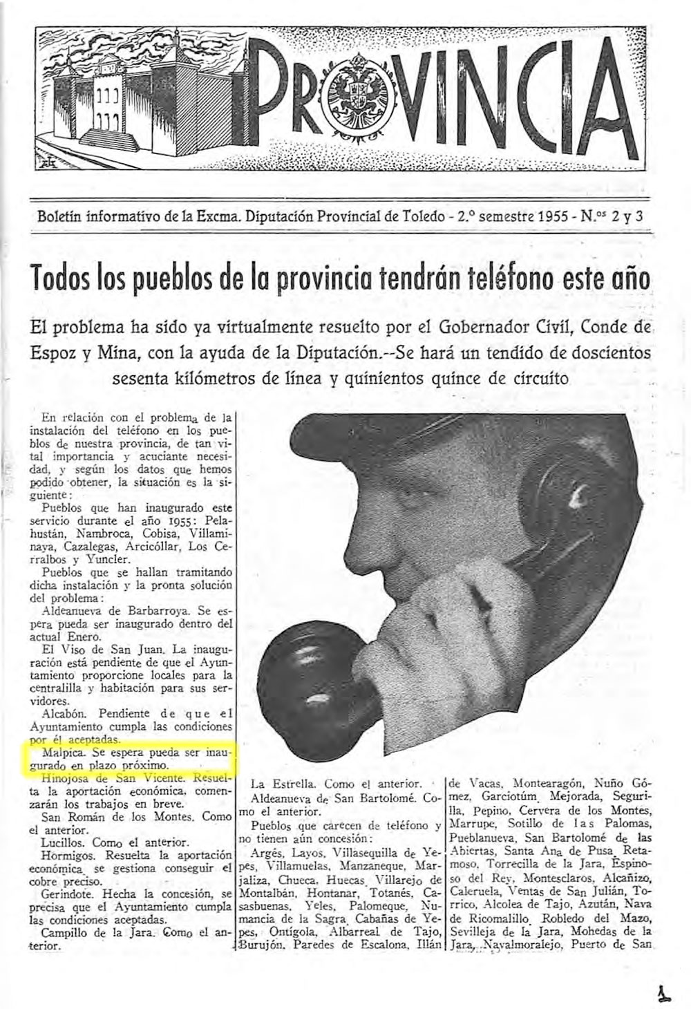 En 1955 ¿llegaría? el teléfono a Malpica de Tajo. Provincia (1955)