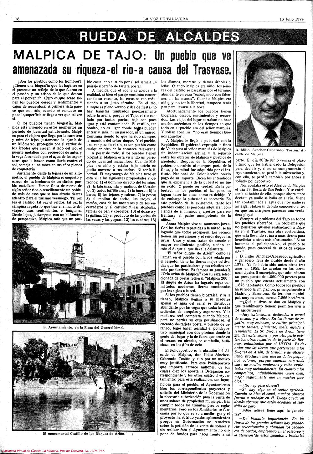 Entrevista al alcalde de Malpica de Tajo 1: D. Ilidio Sánchez-Cabezudo Tostón-La Voz de Talavera, 13-07-1977