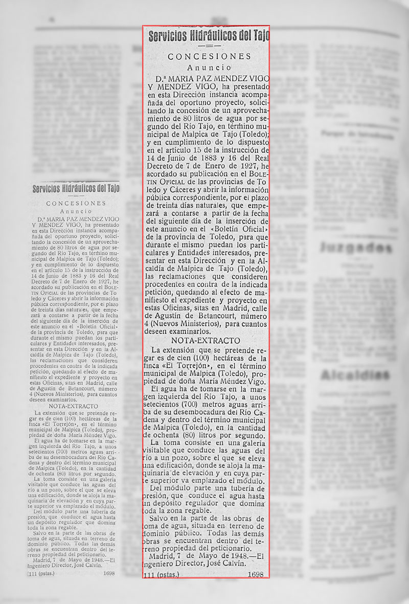 Solicitud de concesión de toma de aguas para el regadío la finca El Torrejón de Malpica de Tajo en 1948