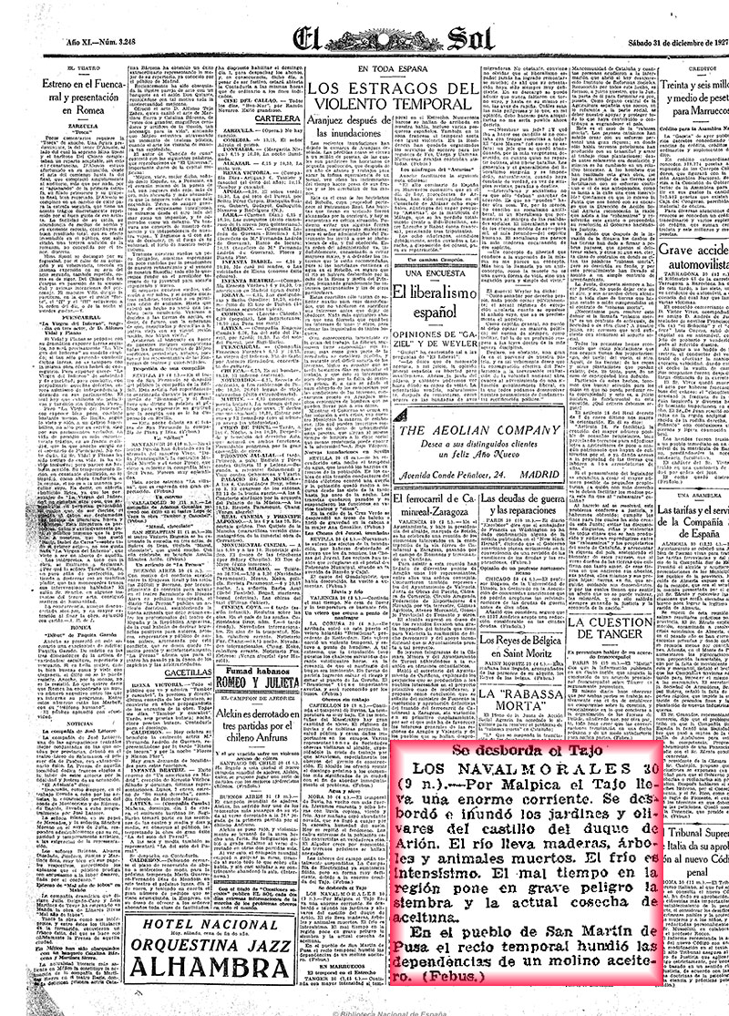 El Liberal 31-12- 1927, página 8. El temporal de finales del 27. Desbordamiento del Tajo