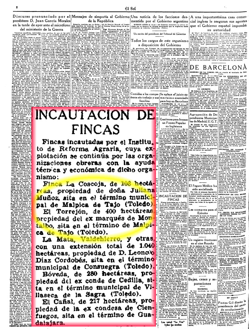 El Sol 22-8-1936. Incautación de la La Coscoja y el Torrejón