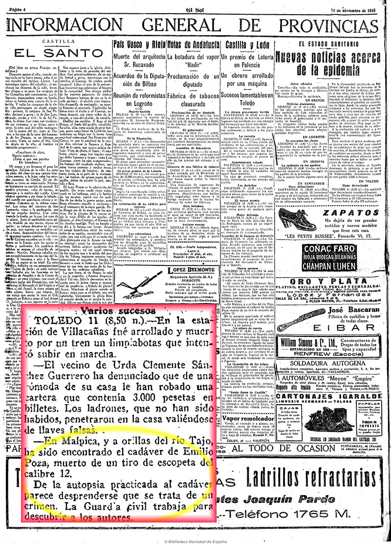El Sol 12-11-1918, página 4. Asesinato por tiro de escopeta en Malpica