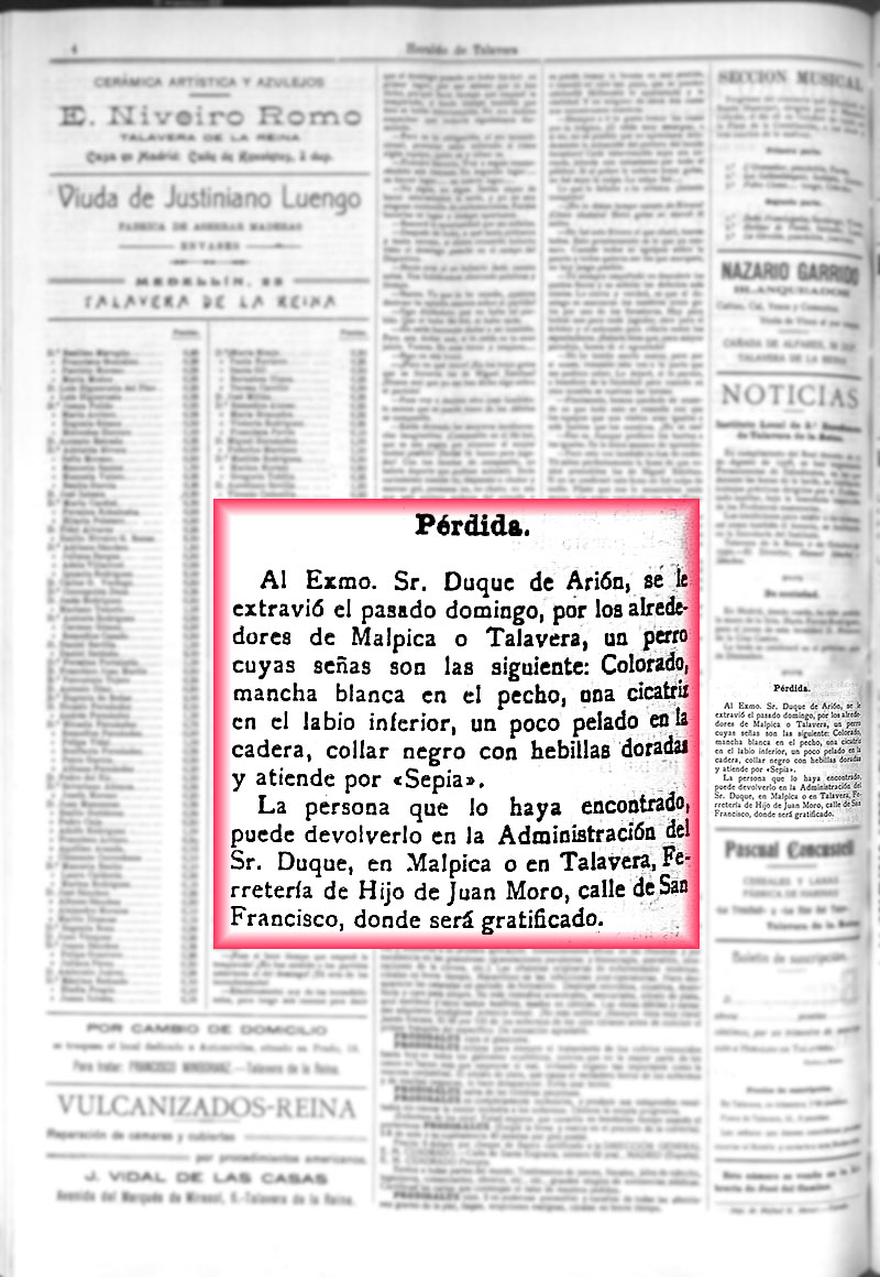 Heraldo de Talavera 25-10-1930. Se busca perro extraviado