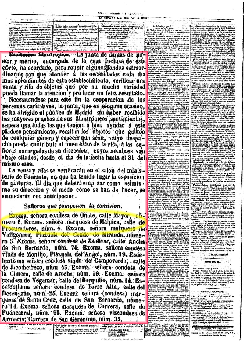 La España 4-12-1858. Recaudación de fondos para la inclusa de Madrid