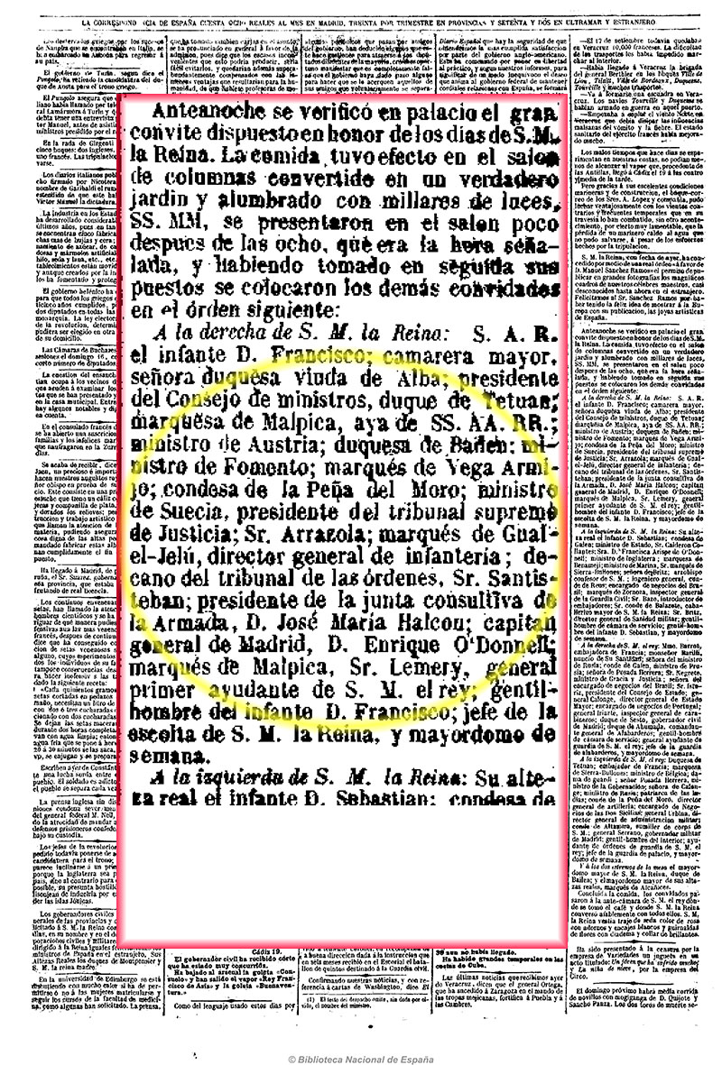 La Correspondencia de España 21-11-1862, página 2. Convite en palacio