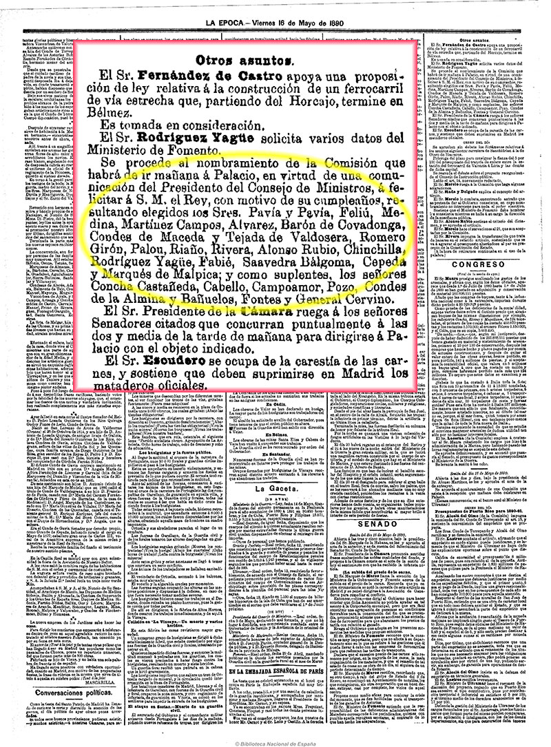 La Época 16-5-1890, página 2. Comisión del Senado para felicitar el cumpleaños al rey