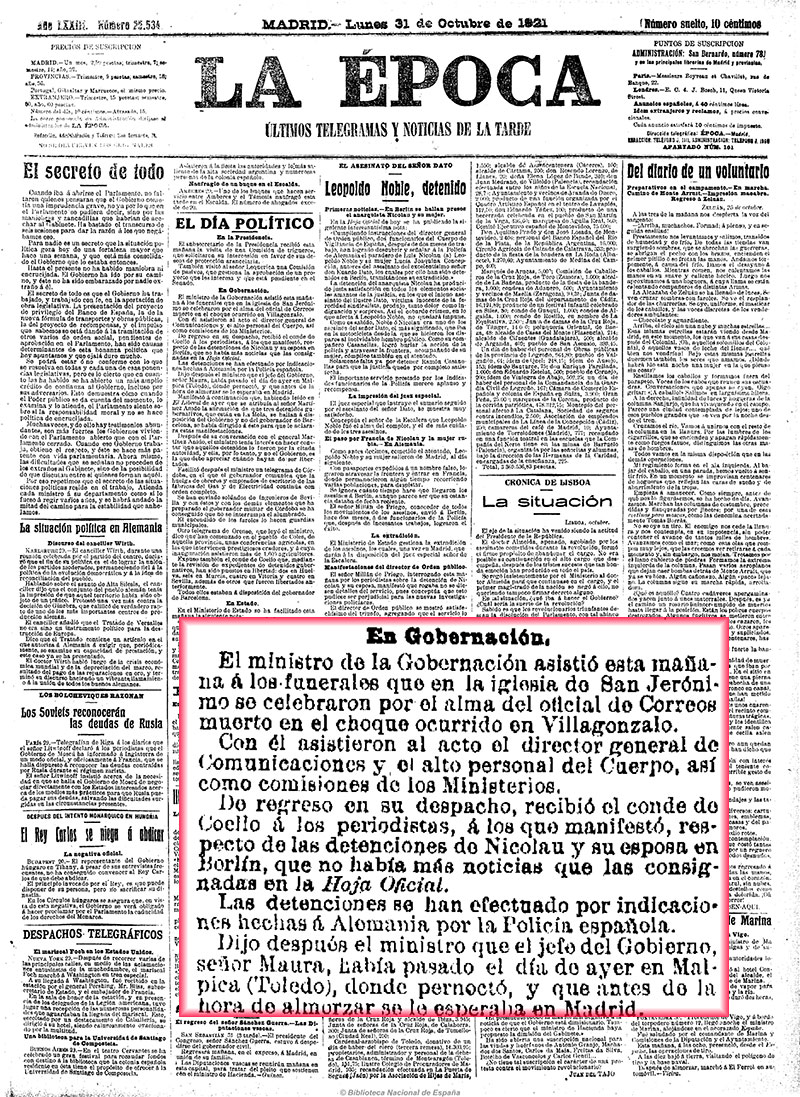 La Época 31/11/1921, página 1. Maura visita Malpica, extraoficialmente