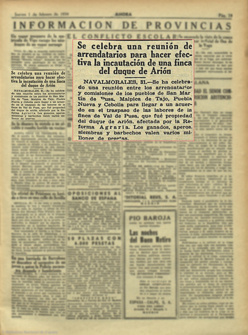 Se celebra una reunión de arrendataríos para hacer efectiva la incautación de una finca del duque de Arión- AHORA (1-2-1934)