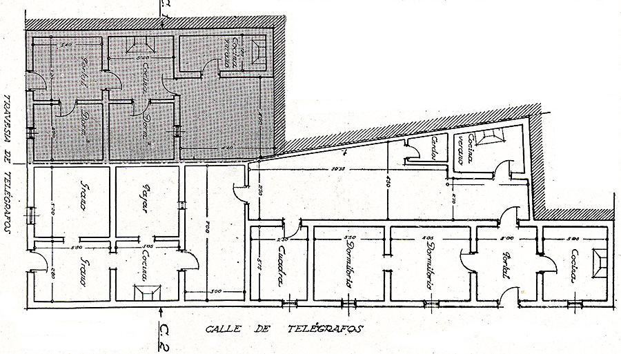 Plano de dos viviendas aledañas de la calle telégrafos de Malpica de Tajo en 1944 que se proyectaba fusionar en una mayor