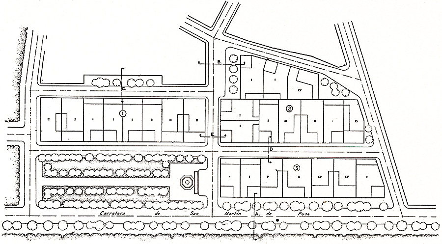 Planos del proyecto de construcción de tres manzanas de casas paralelas a la carretera de San Martín de Pusa, 1944