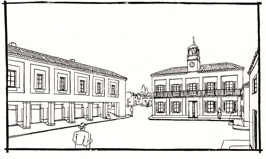 Boceto de la reforma proyectada (en 1944) en la plaza del ayuntamiento de malpica de Tajo