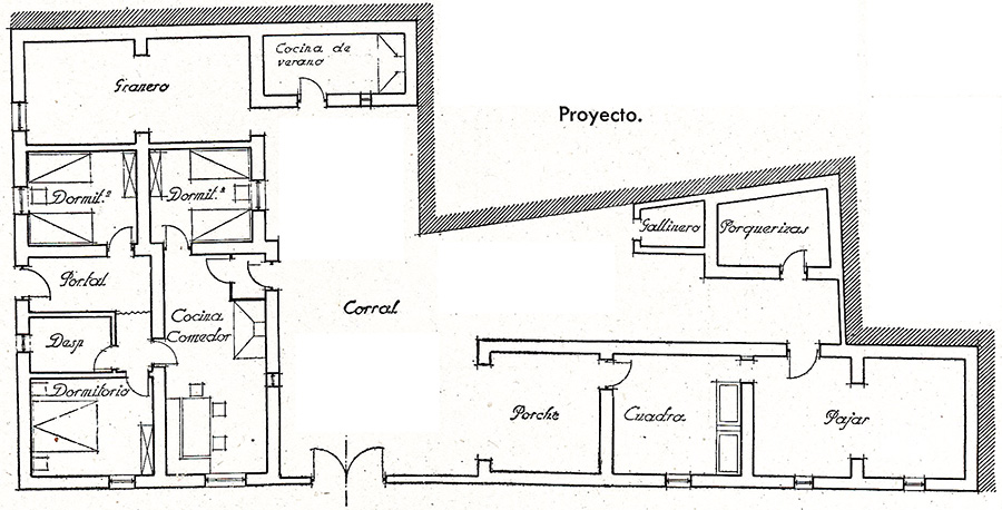 Plano de la fusión de dos viviendas en una en la calle Telégrafos de Malpica de Tajo, en 1944