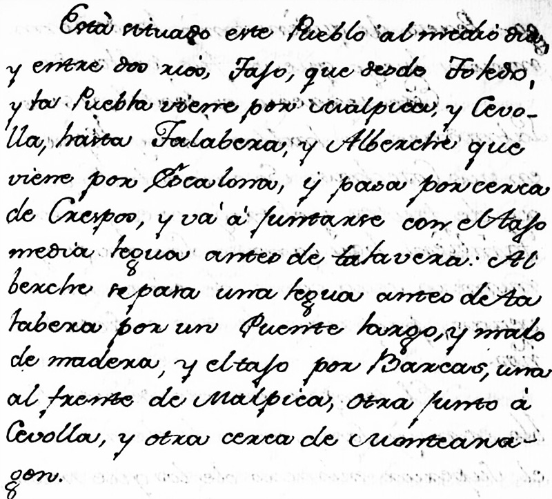 Parte del interrogario que respondió el cura de Domingopérez  a Tomás López en que se habla de la barca de Malpica de Tajo