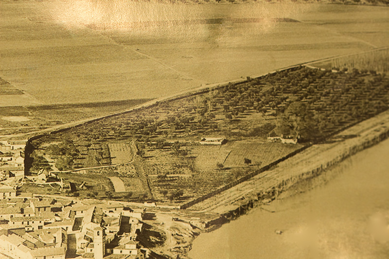 Detalle de la Huerta, el Prao y el Peñon en la foto aérea de Malpica de Tajo de un calendario de 1964 