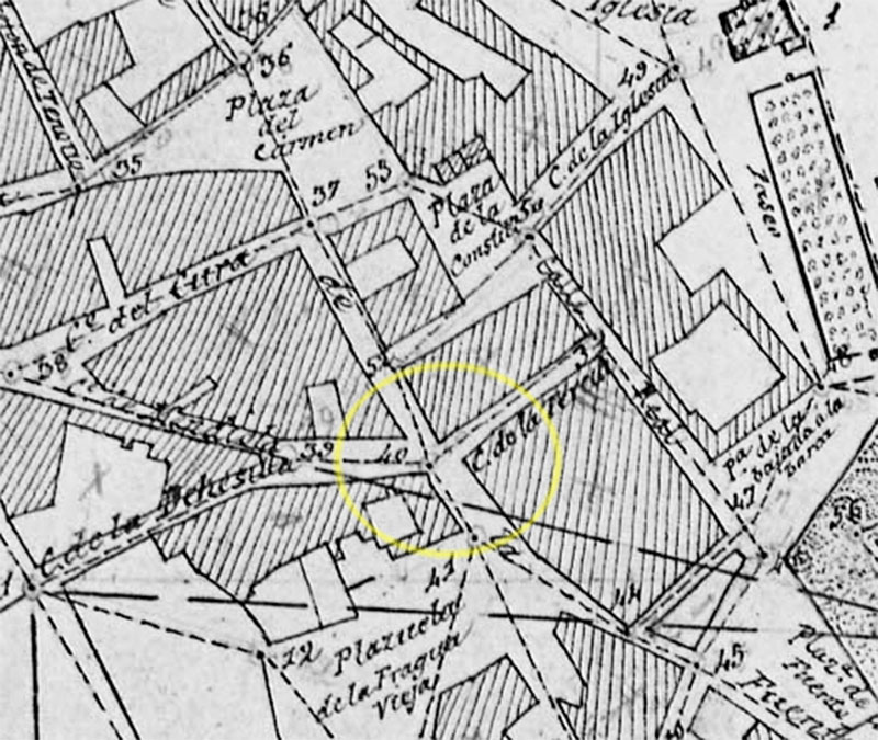 Las cuatro calles de Malpica de Tajo en mapa del IGE fechado casi medio siglo después, el 29 de mayo de 1882
