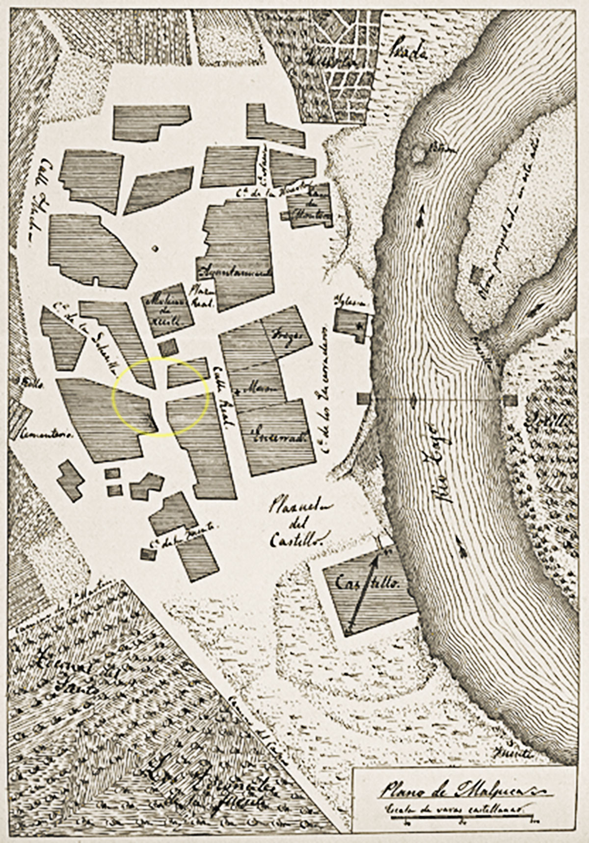 Las cuatro calles de Malpica de Tajo en el croquis de Fermín Caballero de 1825