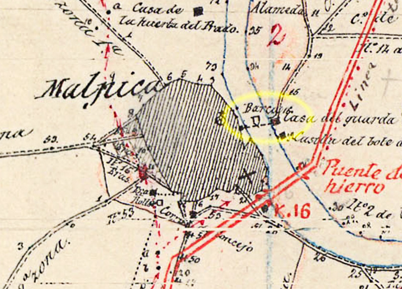 La barca de Malpica de Tajo en un detalle del mapa topográfico del IGE de 1882.