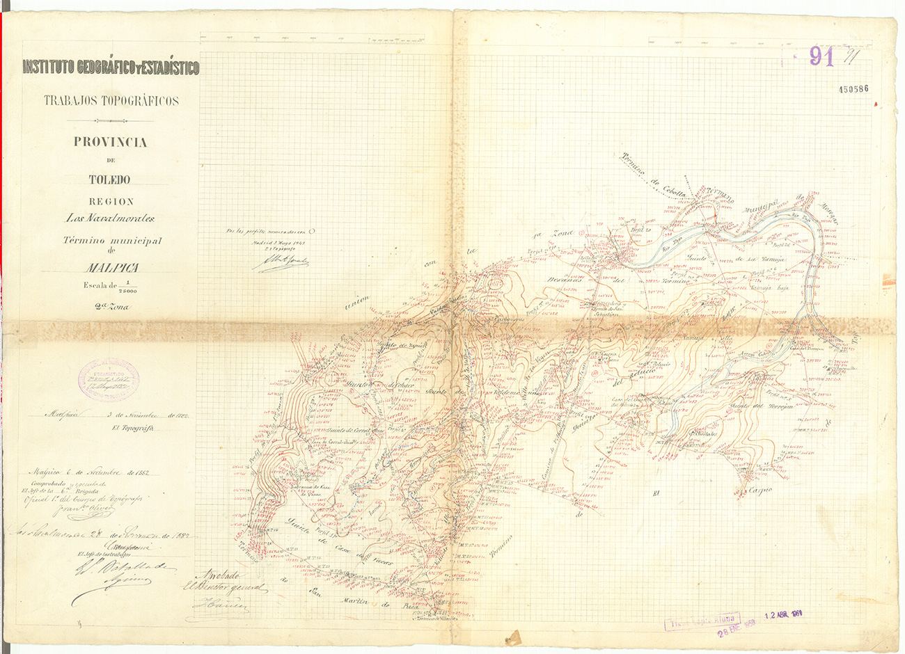 Mapa topográfico de curvas de nivel del término de Malpica realizado en noviembre de 1882