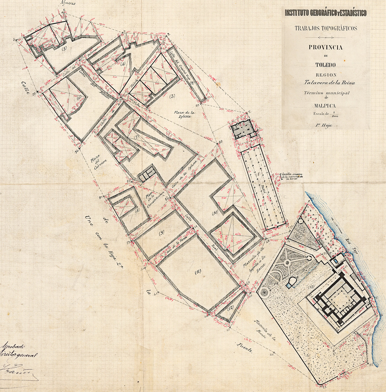 Detalle del plano topográfico del IGE,1882, Malpica de Tajo, hoja 1