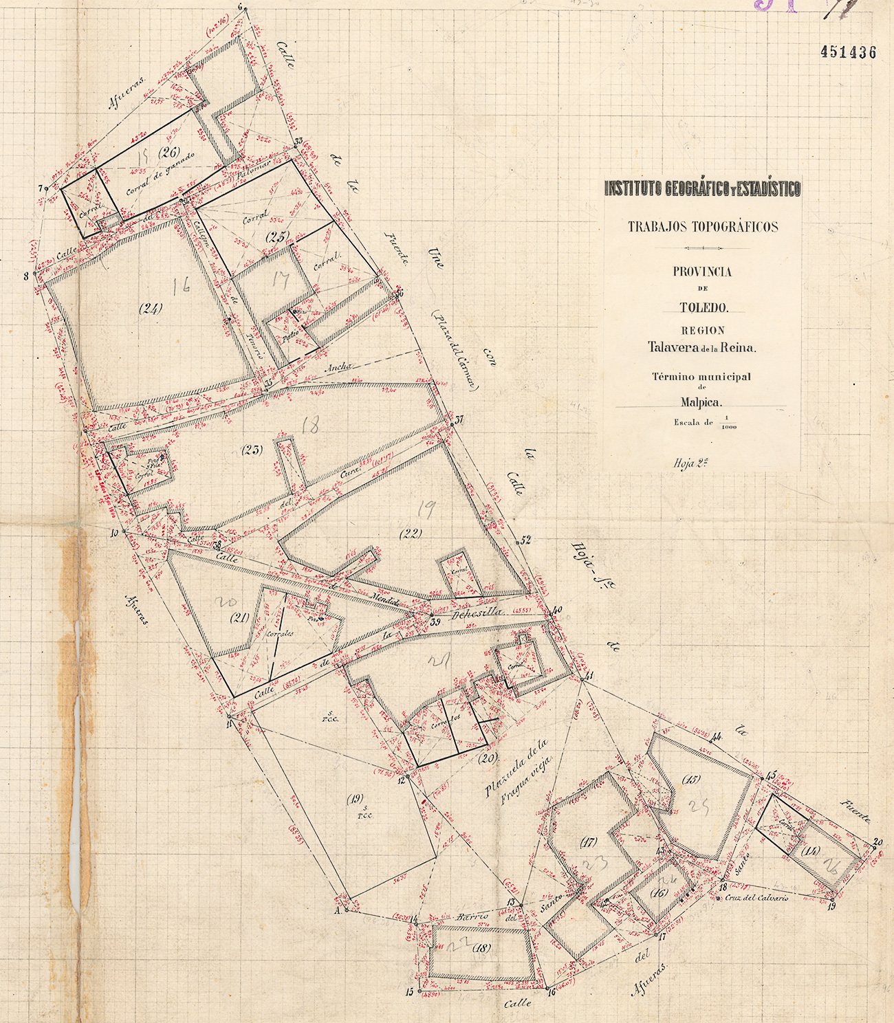 Detalle del plano topográfico del IGE,1882, Malpica de Tajo, hoja 2