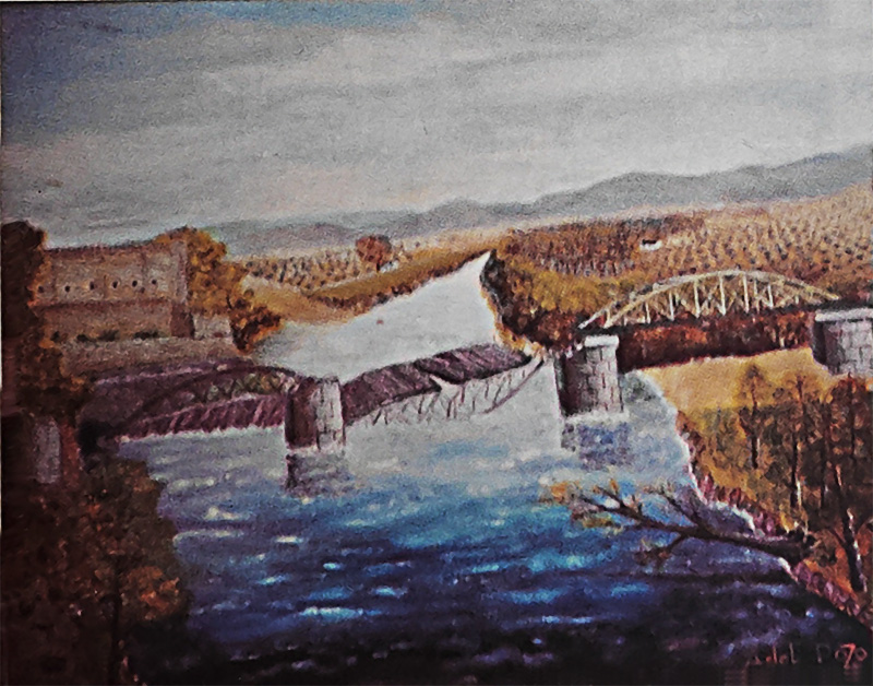 Cuadro al óleo de Alejandro del Pozo sobre el puente antiguo de hierro de Malpica de Tajo después de su voladura
