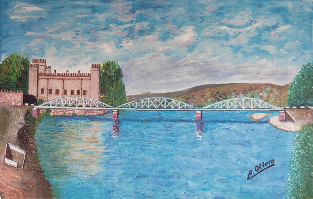 cuadro al óleo de Antonio Ollero en que puede verse la estructura de tres arcos de hierro del puente viejo de Malpica de Tajo