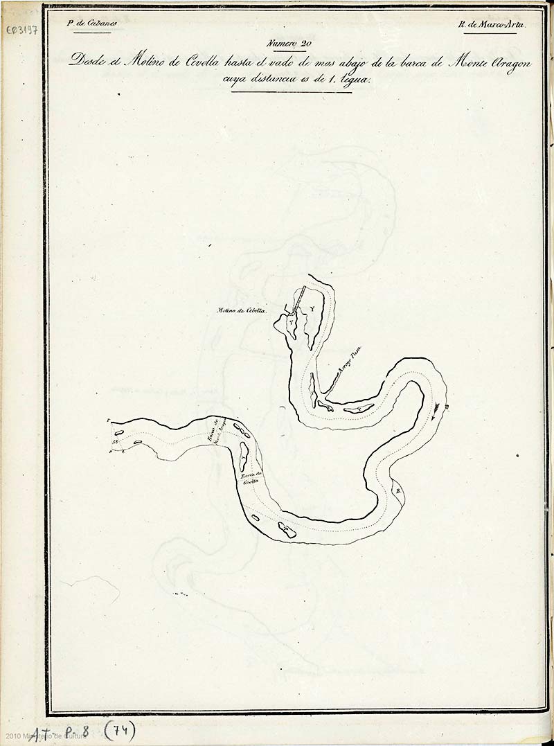 Plano que representan el reconocimiento de las ribera del Rio Tajo, desde  el molino de Cebolla hasta la barca de Montearagón, levantados por el Arquictecto de Madrid Don Agustin Marco-Artu  en 1828
