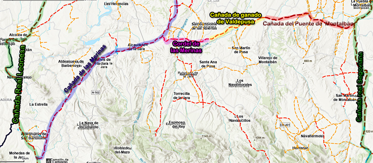 Posición de la cañada de Valdepusa (color amarillo) en relación a los tramos y cañadas citadas más arriba Posición de la cañada de Valdepusa (color amarillo) en relación a los tramos y cañadas citadas más arriba