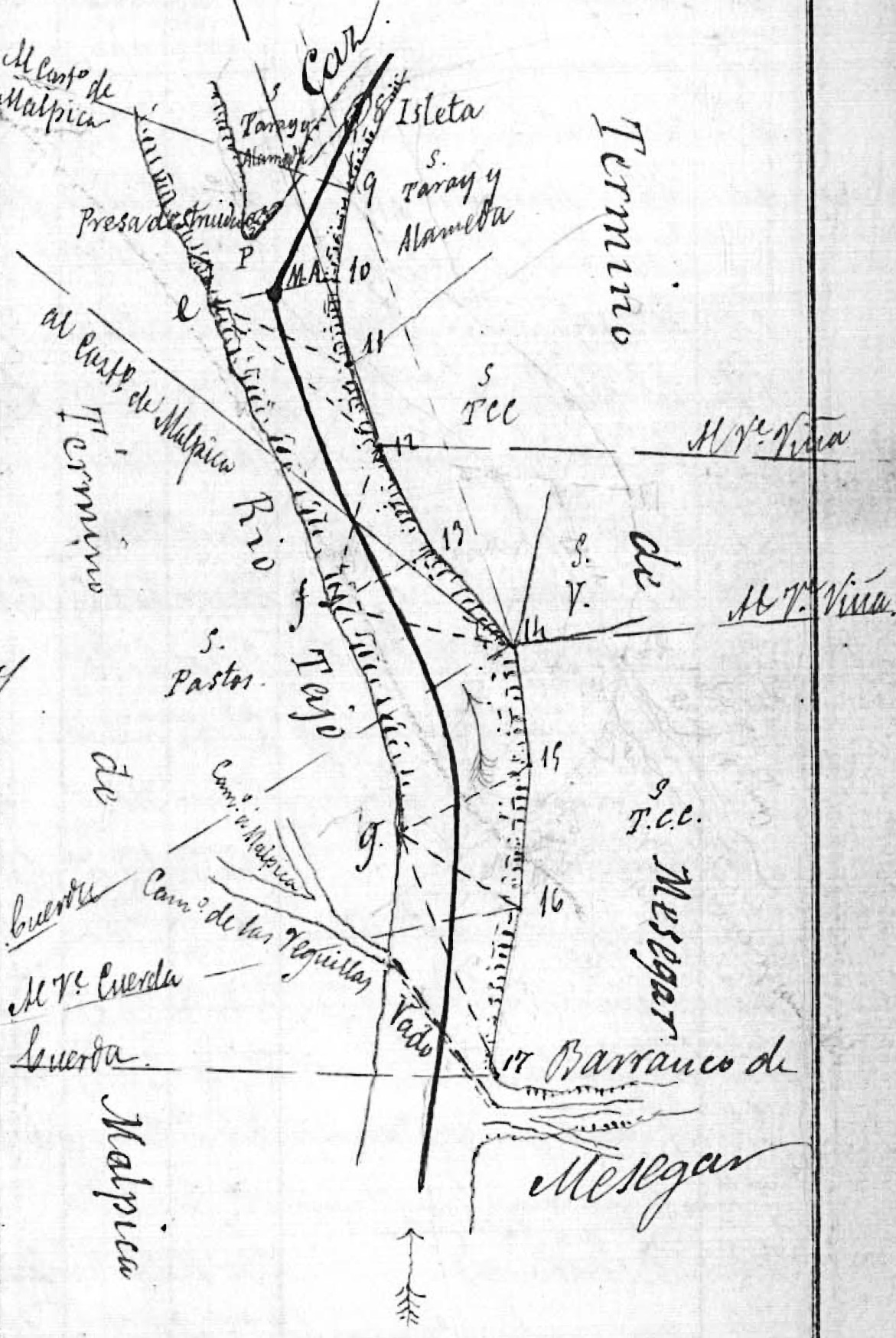 Croquis del límite del término municipal de Malpica de Tajo desde la presa de alimentación del Caz al vado de Mesegar