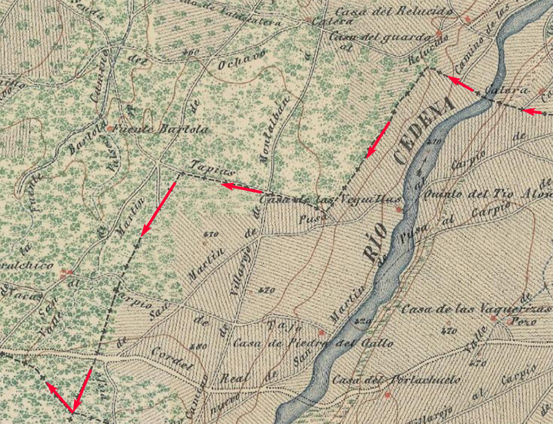 Recorte del mapa MTN50 del límte del término municipal de Malpica de Tajo desde el Relucío al Cordel Real