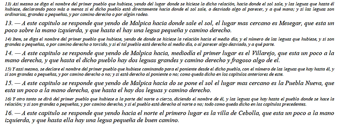 Relaciones topográficas de Felipe II de 1576 para Malpica, capítulos del 13 al 16